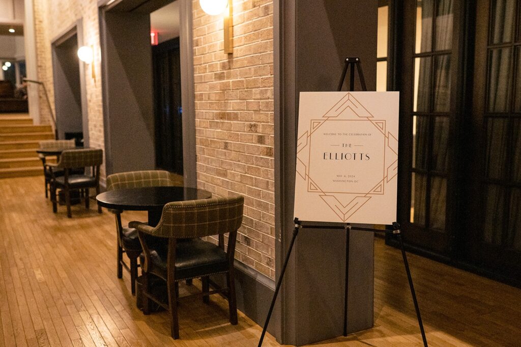Welcome sign for a wedding in the lobby at The Line DC Hotel.