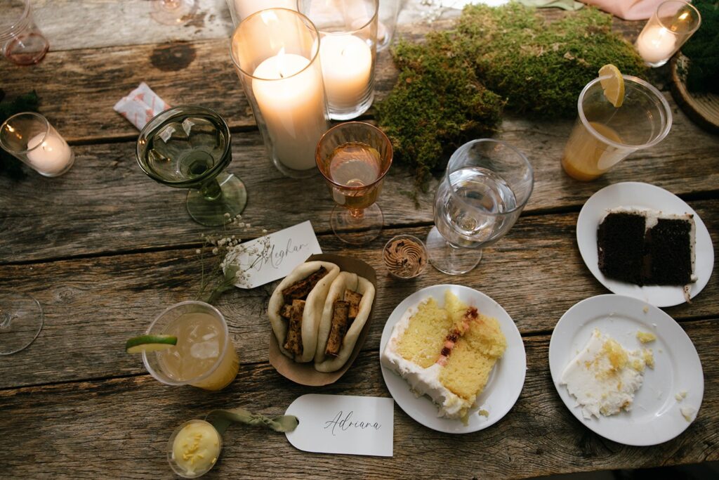 Dinner on a table at the Showalter's Orchard and Greenhouse Wedding