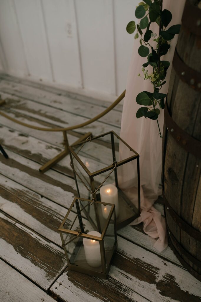 Lanterns and candle decor on a hard wood floor