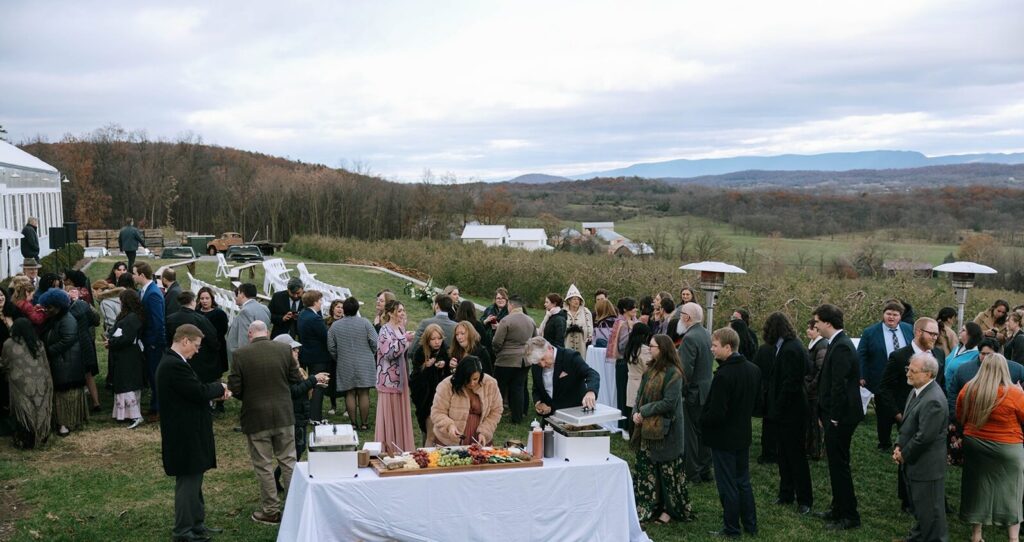 An autumn evening cocktail hour outside of the greenhouse in the Shenandoah valley