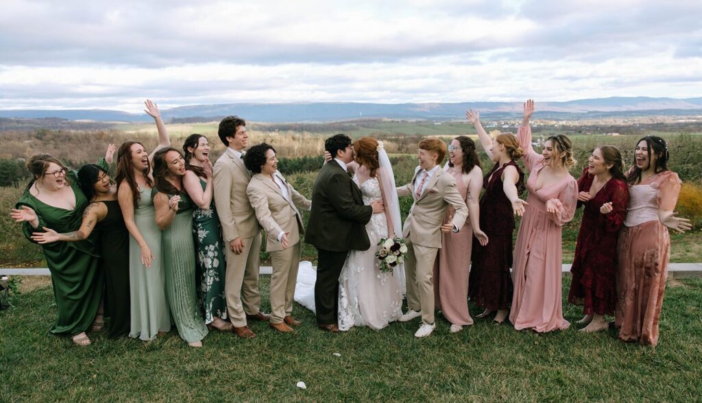 Wedding party group photo at a Showalter's Orchard and Greenhouse Wedding