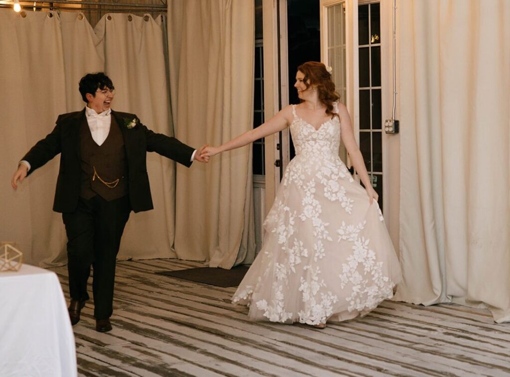 A newlywed couple doing their first dance