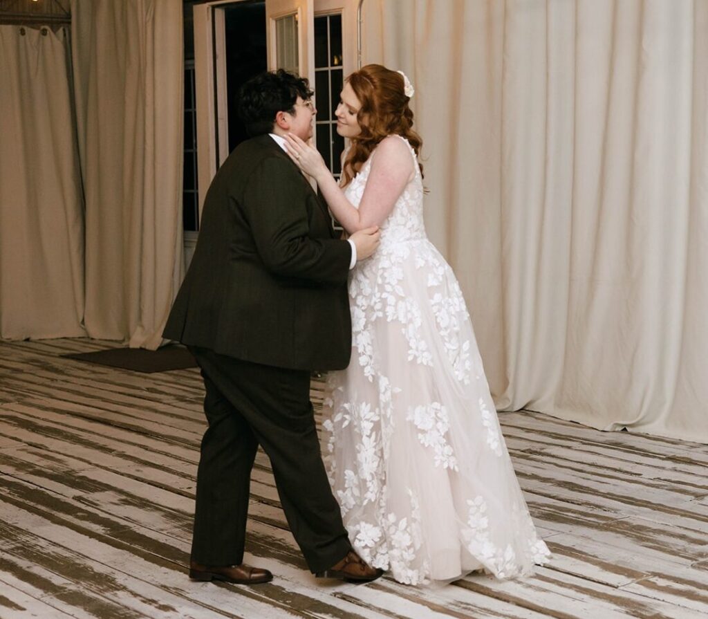 A newlywed couple doing their first dance